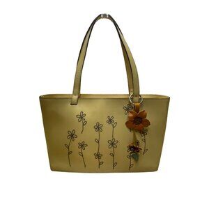 Lamarthe Women’s Yellow Embroidered Leather Flower Charm Shoulder Tote Bag